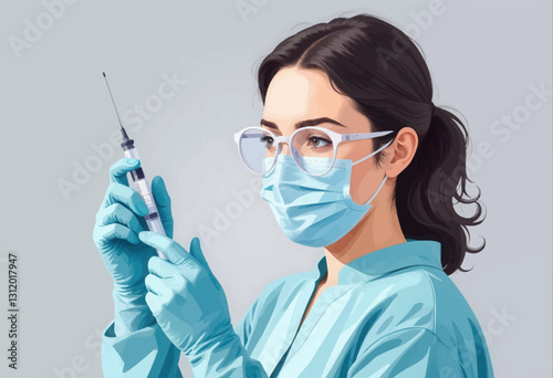 Healthcare worker preps injection, wearing mask and glasses
