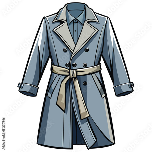 Create a realistic vector illustration of a long, gray trench coat, emphasizing fabric texture and drape.  Include detailed folds and creases.