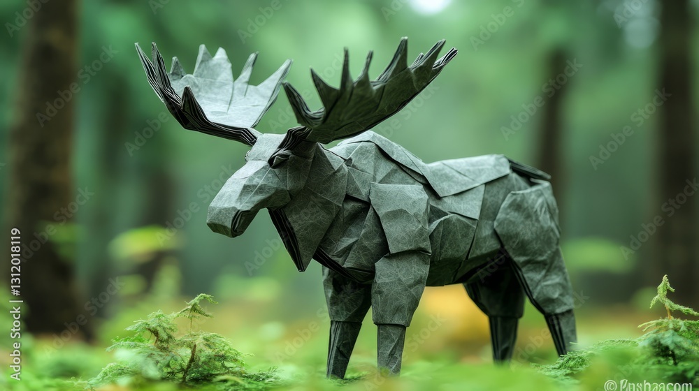 Fototapeta premium 3D origami moose, large and detailed folds, forest green background 