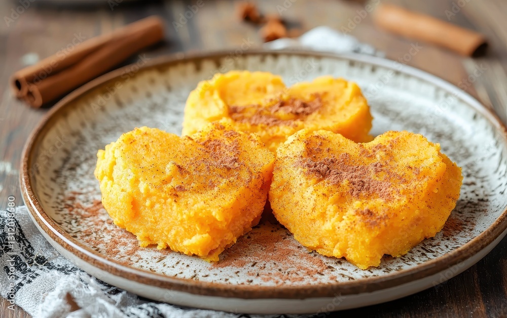 Heart-shaped mashed sweet potatoes with cinnamon on a plate Heart-shaped mashed sweet potatoes with cinnamon on a plate