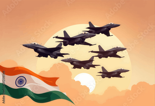 Indian flag with fighter jets in airshow formation