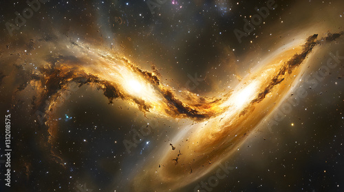 panorama featuring a galactic collision with two galaxies merging in a dazzling cosmic dance 