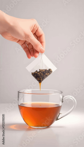 Infusion: Hand dipping tea bag in glass cup with amber tea