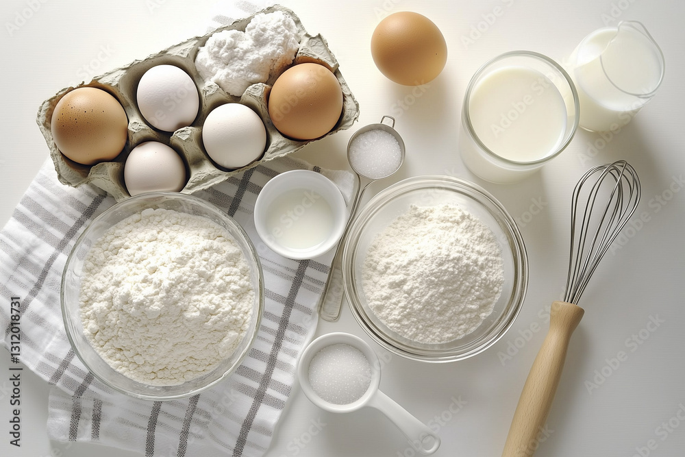 baking preparation scene, white eggs in a cardboard carton, one cracked egg, a white ceramic bowl, a glass bowl full of flour, measuring spoons with salt, a bowl with brown sugar, a glass of milk baking preparation scene, white eggs in a cardboard carton, one cracked egg, a white ceramic bowl, a glass bowl full of flour, measuring spoons with salt, a bowl with brown sugar, a glass of milk