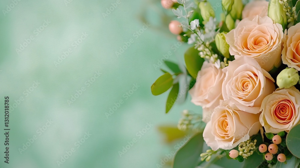 A beautiful bouquet of soft peach roses and greenery set against a dreamy green background, perfect for celebrations and special occasions. A beautiful bouquet of soft peach roses and greenery set against a dreamy green background, perfect for celebrations and special occasions.