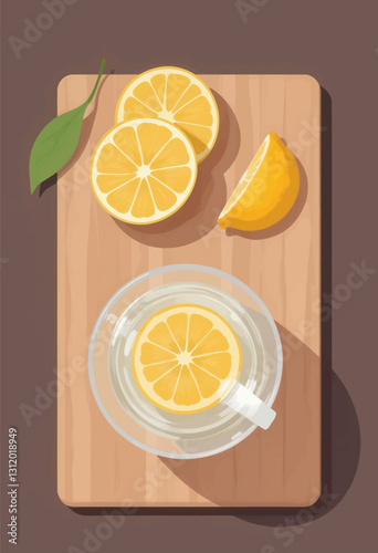 Lemon slices, tea, leaf on wooden board, vector art