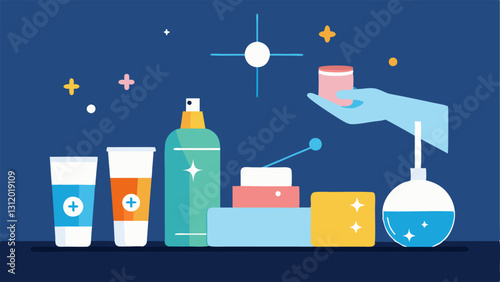 Skincare Routine Create a scene of a bathroom counter displaying various skincare products with nanotechnology labels a hand applying a cream with light particles shimmering to