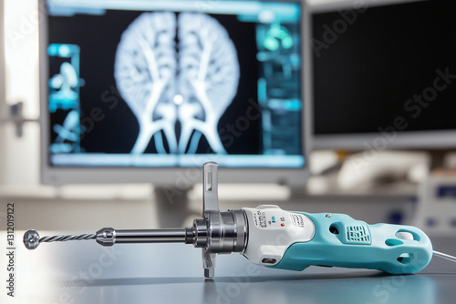 Close-up of a surgical drill tool used in medical procedures with a spiral drill bit, displayed in front of an X-ray monitor showing brain imagery.