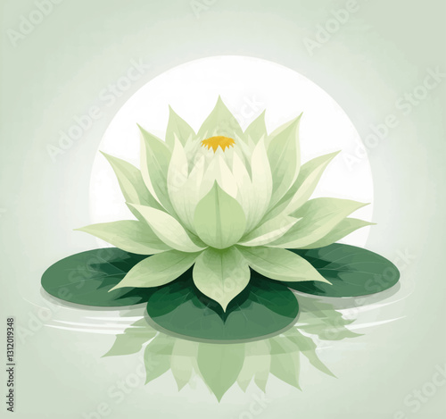 Lush green lotus flower with reflection and lily pads