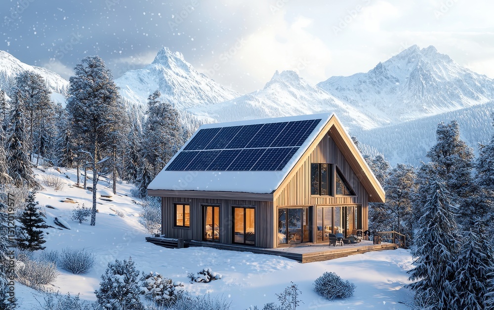 Single Scandinavian-style house with solar panels in a snowy mountain setting, isolated on a white background Single Scandinavian-style house with solar panels in a snowy mountain setting, isolated on a white background