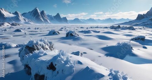 Icy terrain under blue sky with scattered ice formations, snowy terrain, glacial landform, frosty landscape