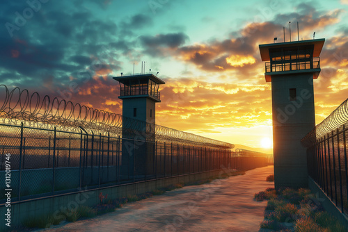 A maximum-security prison with tall guard towers overlooking the facility.
