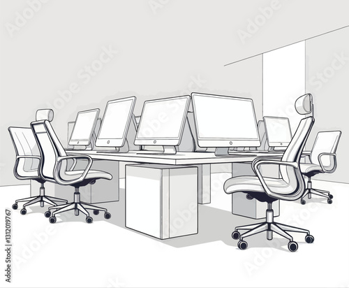 Modern minimalist open office sketched interior