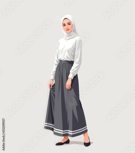Modest woman in hijab and long skirt stands elegantly