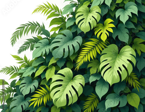 Lush green Monstera and fern foliage botanical illustration