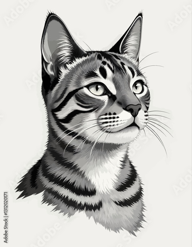 Monochrome tabby cat portrait with alert expression