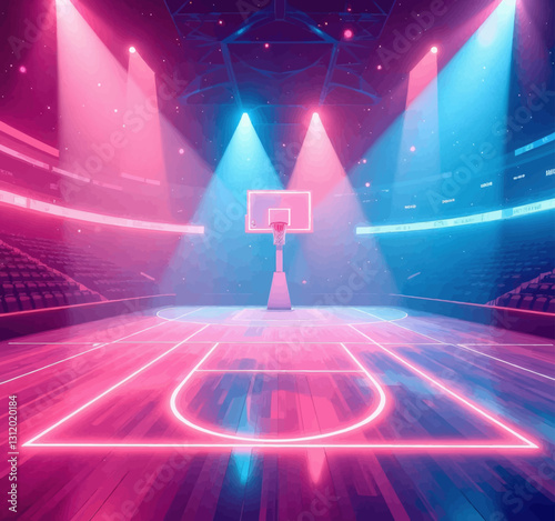 Neon basketball court with vibrant pink and blue lights