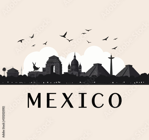 Mexico City skyline silhouette with birds flying
