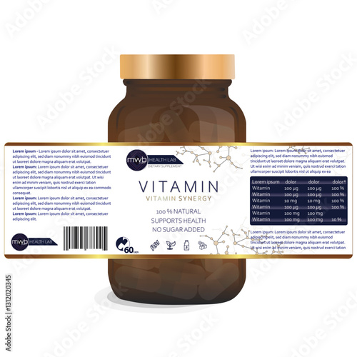 Vector drawing of a dietary supplement bottle and label template vitamin