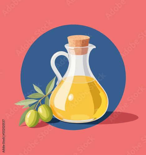 Olive oil in glass jar with cork stopper and olive branch