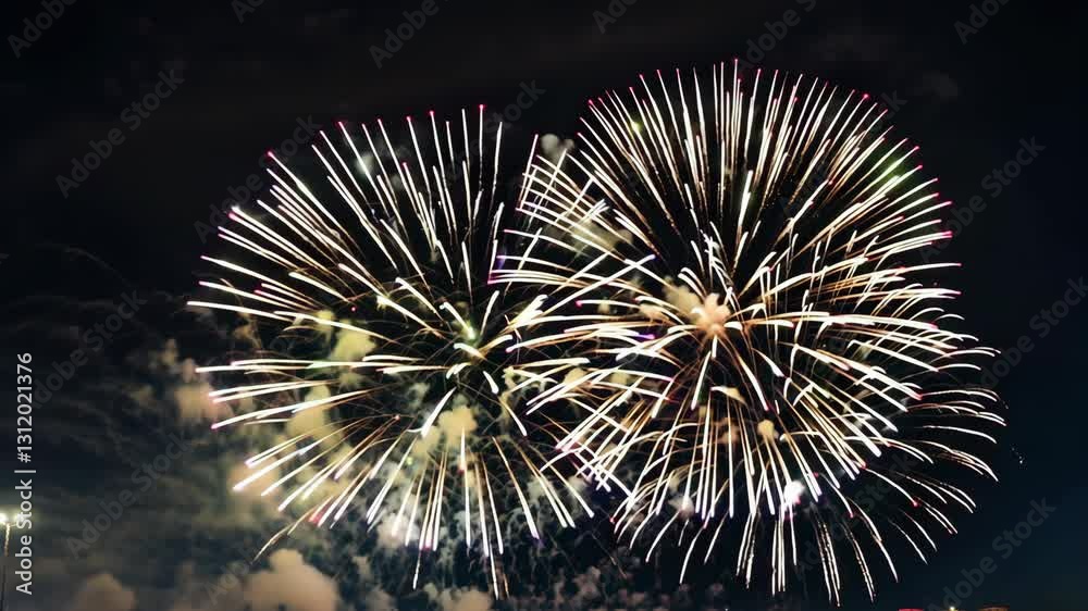 A spectacular display of red fireworks bursting in the dark night sky, symbolizing celebration, joy, and festive moments. . High quality 4k footage