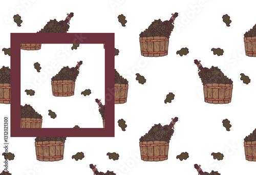 White folk retro wallpaper. Seamless sauna pattern illustration. Wooden tub with leafy branches for steaming procedure in spa, bath. Traditional cultural ritual