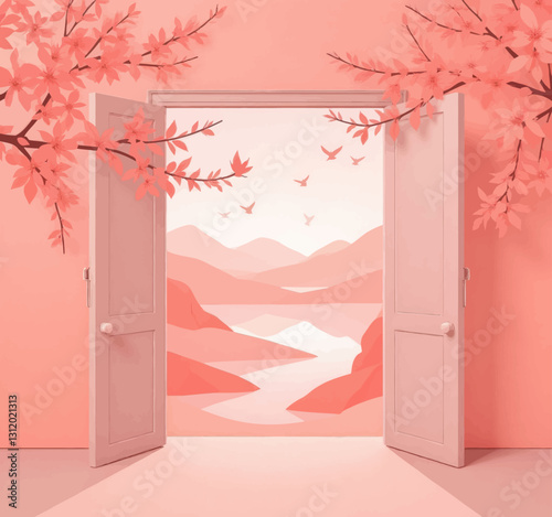 Open doorway revealing coral landscape, pixel art style
