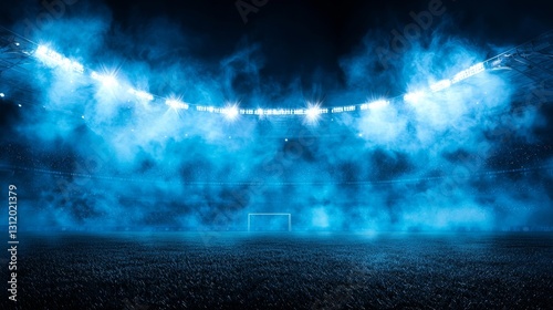 Dramatic Night Stadium Scene Soccer Field Goal Blue Lights Smoke