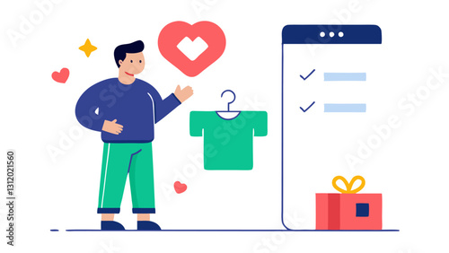 Wishlist Feature An illustration showing a user adding items to their wishlist on the app with a heart icon next to selected clothes and a Wishlist header.