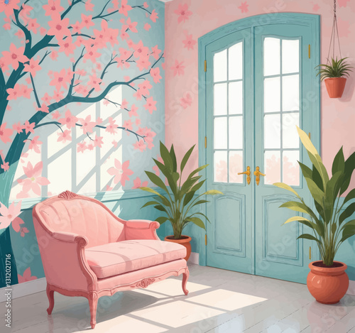Pastel room with pink chair, floral wall and blue doors