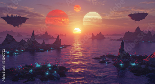 Breathtaking Alien Planet with Floating Rocks & Twin Suns