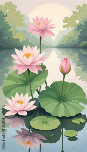 Pastel Lotus Flowers Lily Pads on Calm Waterway