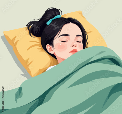 Peaceful woman sleeping under green blanket on yellow pillow
