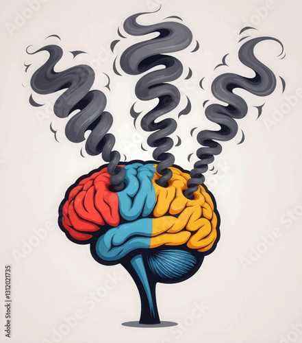 Overthinking brain emitting smoke from stress