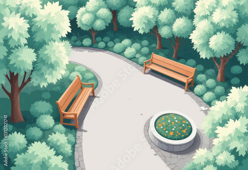 Peaceful pixel art park with winding path and benches