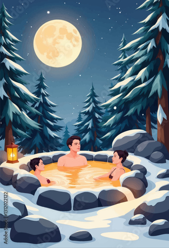 People Relaxing in Hot Tub Under Moonlit Winter Forest