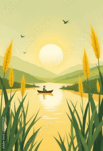 Person in a boat on a golden lake with reeds and mountains