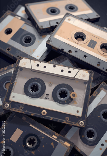 Pile of Dusty, Aged, Vintage Audio Cassette Tapes