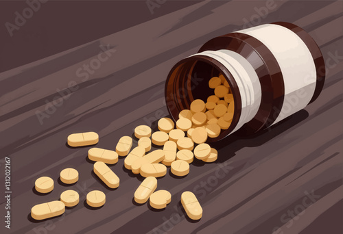 Pills spilling from brown bottle on wood grain surface