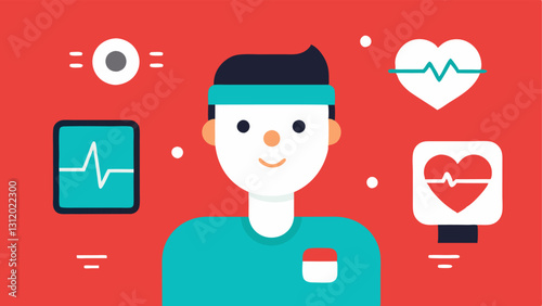 Wearable Health Devices A vector image featuring a patient wearing a smarch and fitness tracker with live data such as heart rate and steps visible above them.