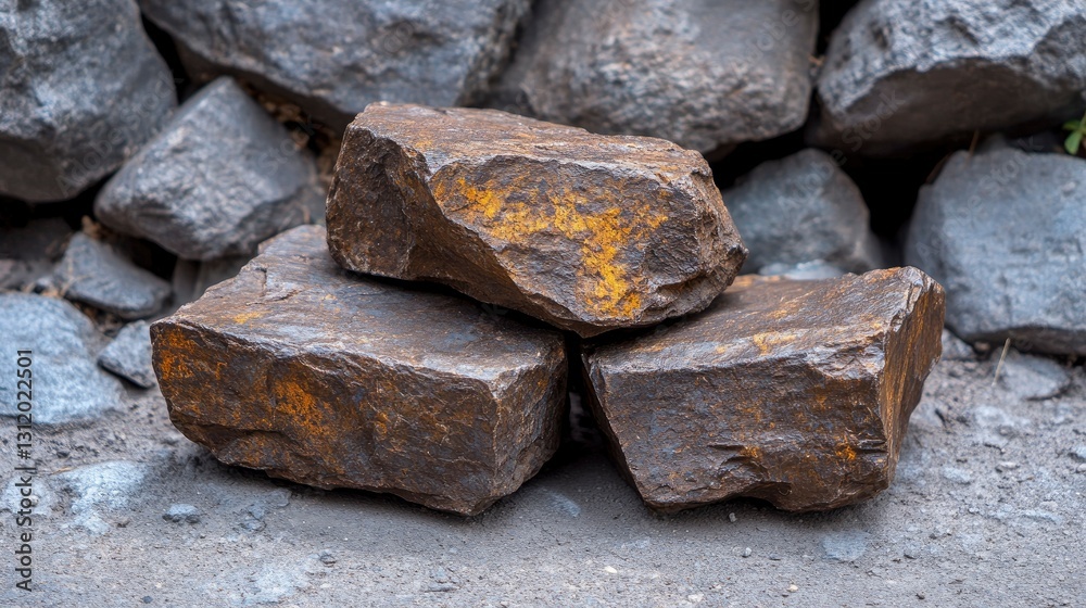 Stack of Rough, Dark Grey and Rusty Brown Stones Against a Background of Larger Rocks Stack of Rough, Dark Grey and Rusty Brown Stones Against a Background of Larger Rocks