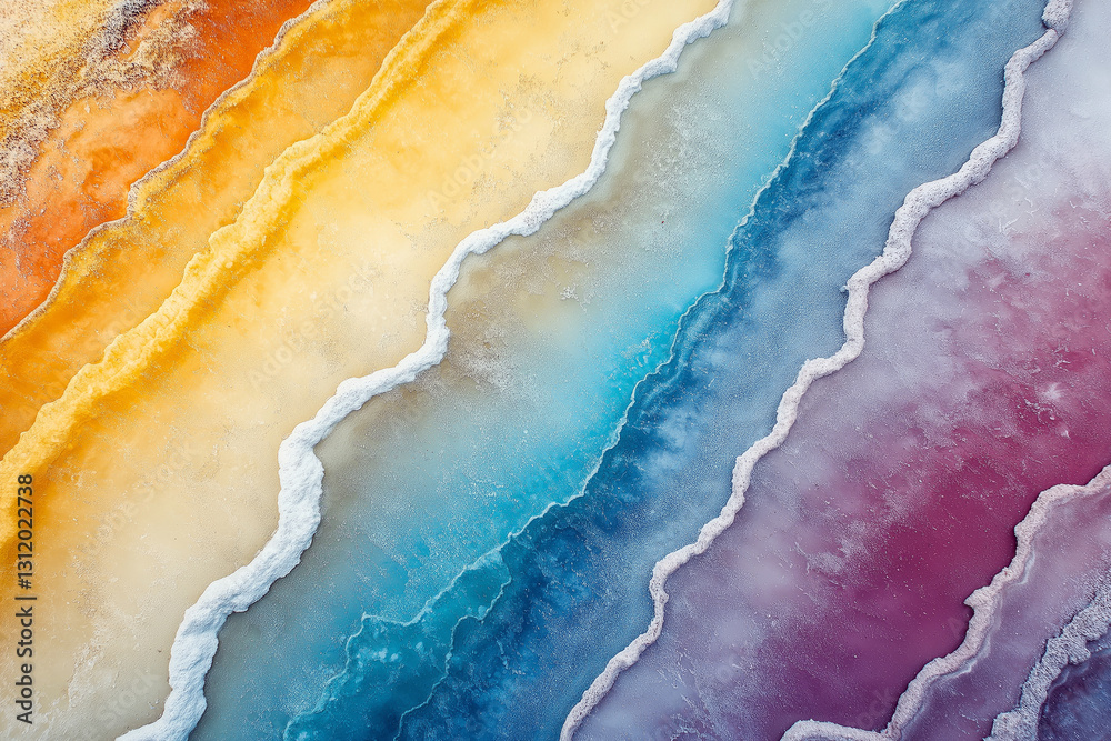 An aerial abstract view of salt evaporation ponds with vibrant layers of orange, yellow, blue, and purple, featuring intricate mineral textures and crystalline formations. An aerial abstract view of salt evaporation ponds with vibrant layers of orange, yellow, blue, and purple, featuring intricate mineral textures and crystalline formations.