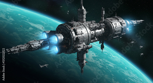 Massive Space Station Orbiting a Distant Planet with Astronauts