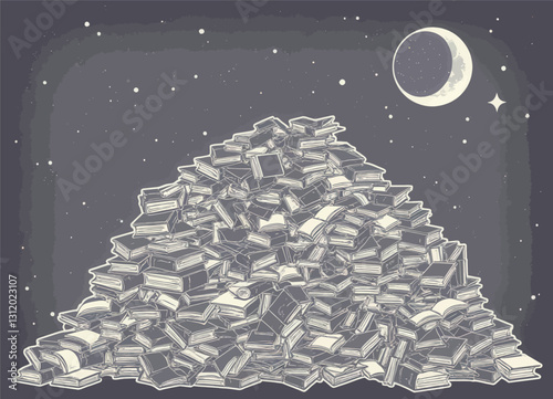 Pixel Art: Book Pile Under Moonlit Starry Sky