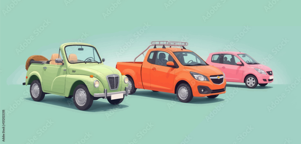 Naklejka premium Pixel art pastel cars: Convertible, pickup, hatchback