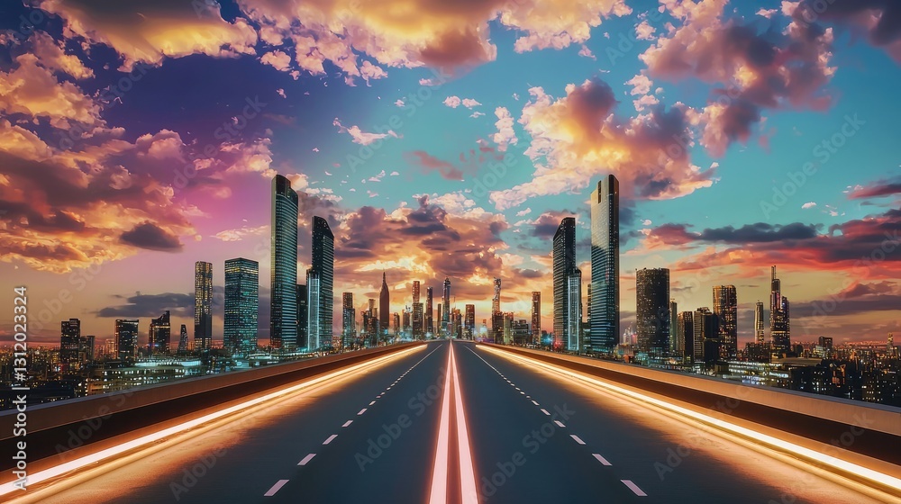 Obraz premium A futuristic highway with glowing road markings leading toward a city skyline