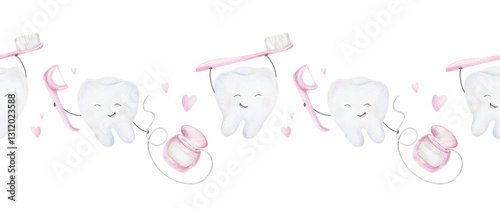 Tooth holding pink Dental floss, toothpick, toothpaste, toothbrush and hearts. Hand drawn watercolor kids seamless border. Lane background for pediatric dentistry, dental health care goods, wrapping
