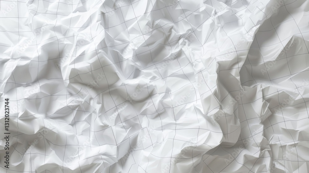 Obraz premium a detailed artistic rendering of crumpled white paper with delicate grid lines, showcasing the realistic texture and depth of the folds. The lighting should add a dramatic effect