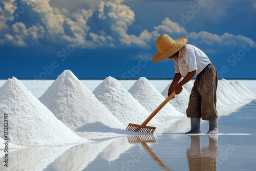 Salt worker wearing a wide-brimmed straw hat, using a wooden rake to shape salt piles in a large flat plain.