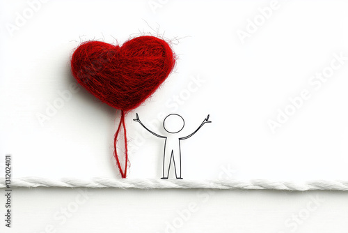 playful illustration of stick figure holding red heart made of yarn, symbolizing love and connection. simple design evokes feelings of joy and affection